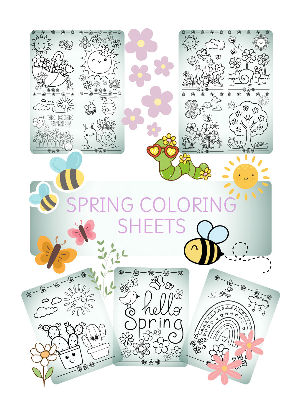 Set of spring-themed coloring sheets with illustrations on a white background