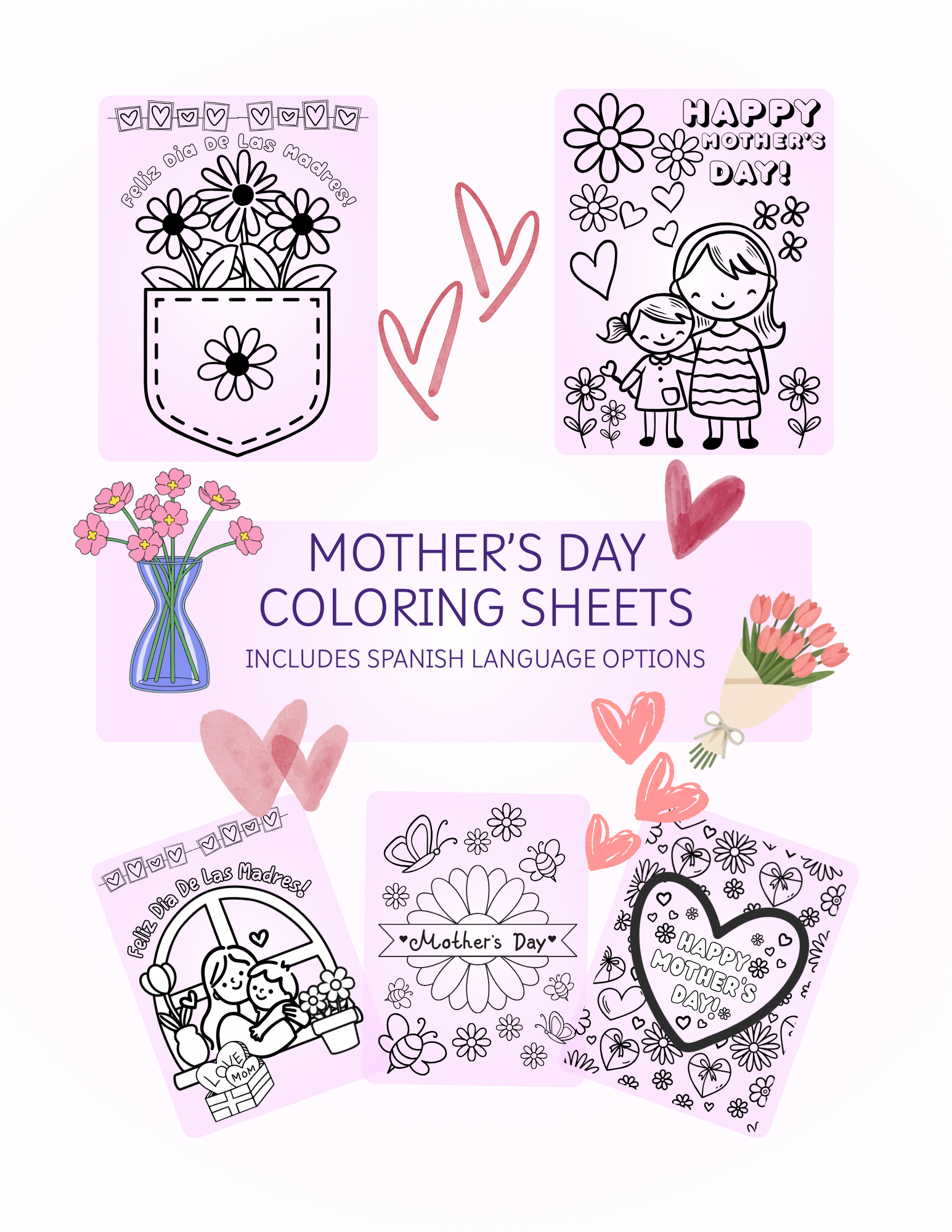 20 Simple Mother's Day Coloring Sheets for children. Seasonal, Holiday Printables