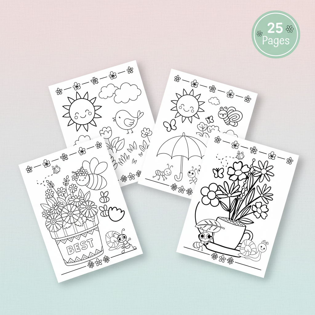 25 Spring Themed Coloring Pages for Kids - Preview Mockup